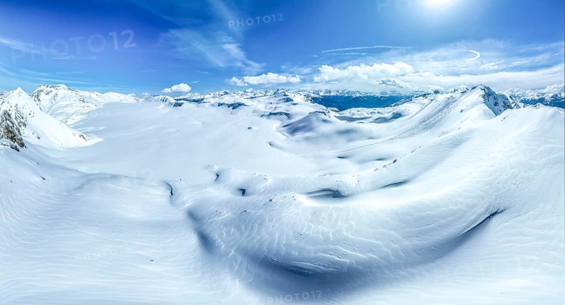 Aerial view, Alpine panorama, Snow-covered glacier plain, Plaine-Morte glacier, Bernese Alps, Switzerland, Europe