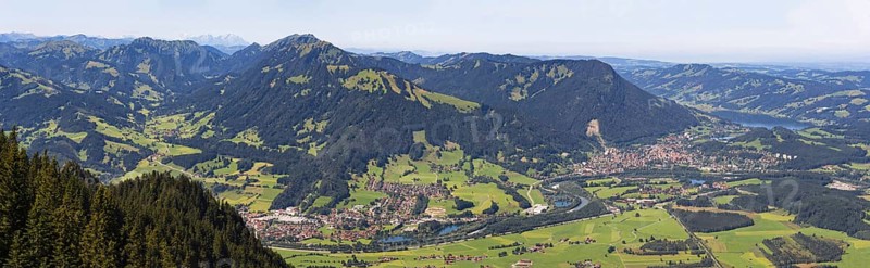 Panorama from Grünten, 1738m, into the Illertal, Immenstadt, Alpsee and Allgäu Alps, Oberallgäu, Allgäu, Bavaria, Germany, Europe