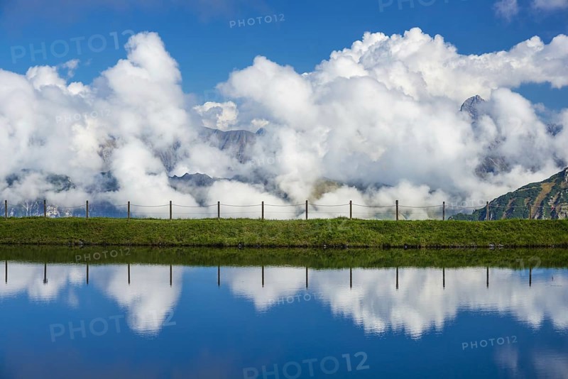 Artificial lake, Riezler Alpsee, snow pond, at the mountain station of the Kanzelwand cable car, panoramic view of the eastern Allgäu Alps, Allgäu, Bavaria, Germany, Europe