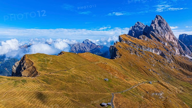 The Sas Rigais and Furchetta peaks of the Odle Group, drone shot, Val Gardena, Dolomites, Autonomous Province of Bolzano, South Tyrol, Italy, Europe