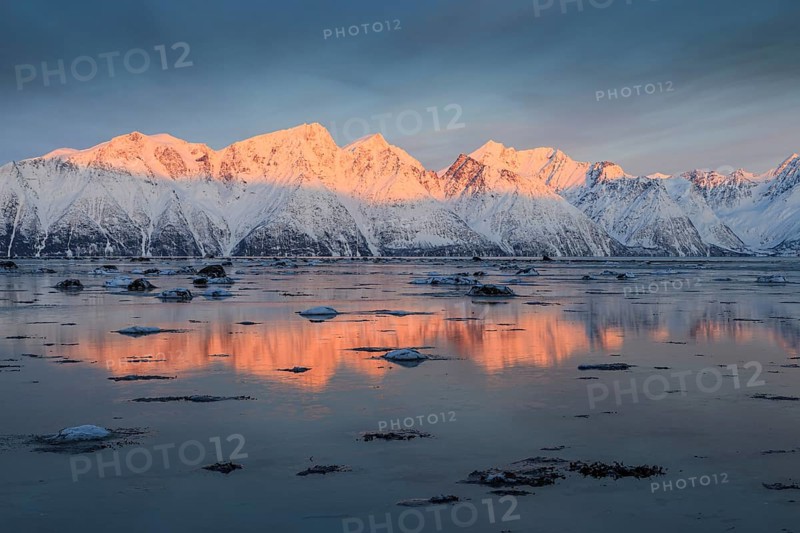 Morning light, mountains, snowy, reflection, sea, coast, fjord, winter, Lyngen Alps, Norway, Europe