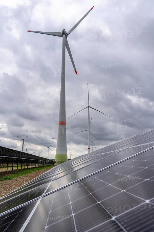 Wind farm and large-scale photovoltaic system, north-east of Bad Wünnenberg, near the village of Elisenhof, on the A44 motorway, North Rhine-Westphalia, Germany, Europe