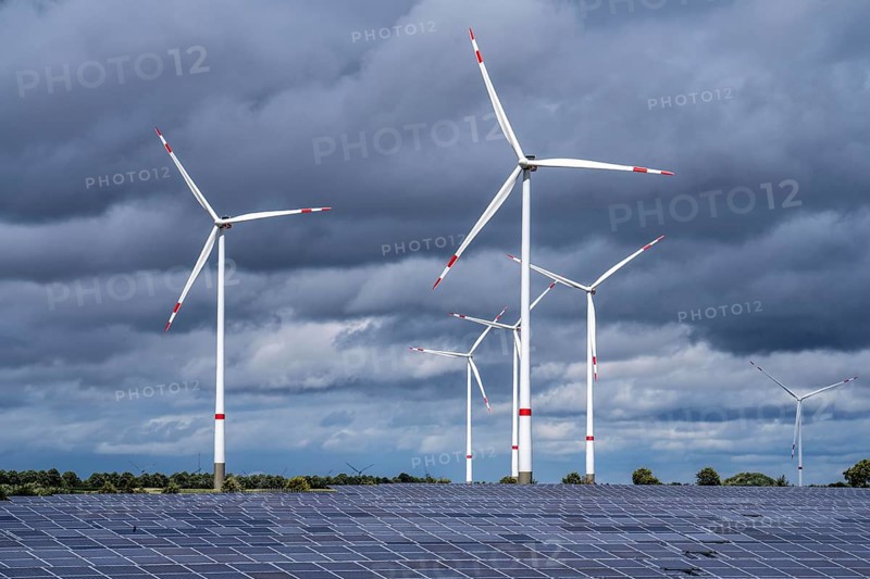 Solar park and wind farm near Morschheim, part of the municipality of Kirchheimbolanden, Rhineland-Palatinate, Germany, Europe