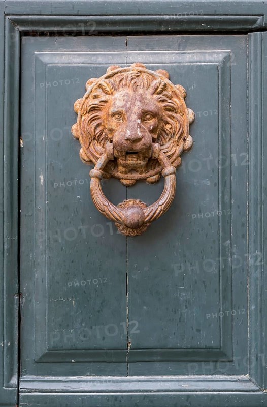 Lion's head as a door knocker, Galatina, Apulia, Italy, Europe
