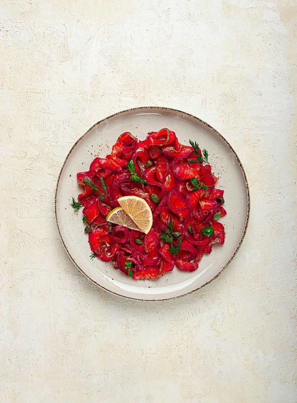 Salmon gravlax with beetroot, Scandinavian snack, beet gravlax, lightly salted fish, homemade, no people