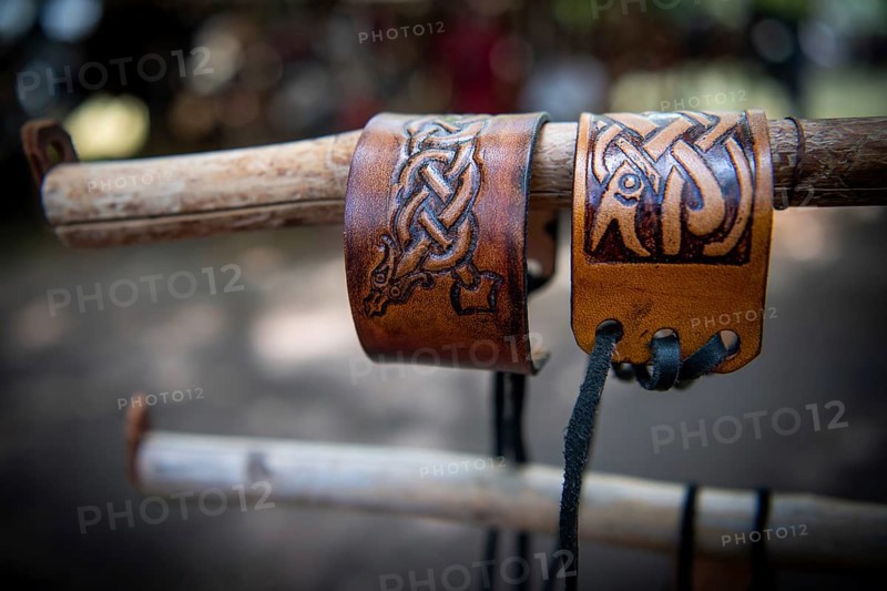 Leather bracelets with engraved runes and Viking symbols, medieval market, medieval week, Hanseatic city of Visby, island of Gotland, Sweden, Europe