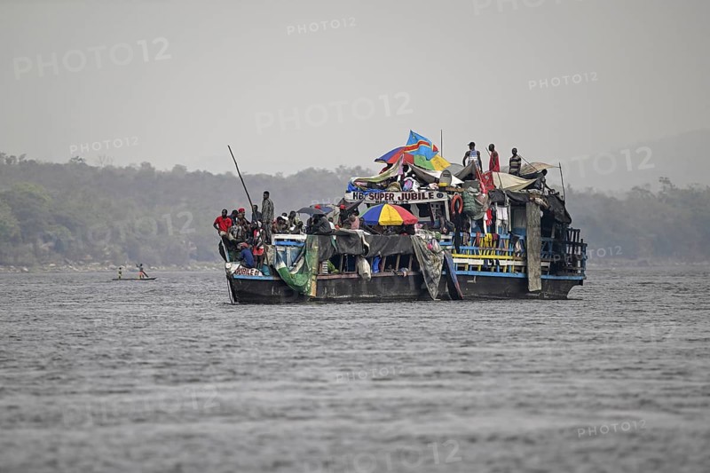 Overloaded ferry on the Congo River, near Tshumbiri, Mai-Ndombe Province, Democratic Republic of the Congo