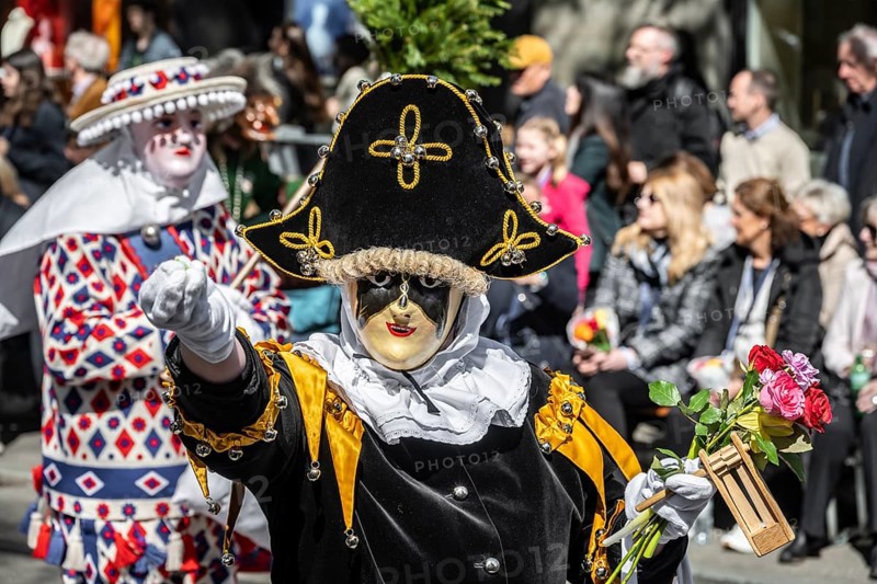 Participants dressed up as jesters from the guest canton of Schwyz, jesters' symposium of the Märchler carnival societies, parade of historically costumed guildsmen, Sechseläuten or Sächsilüüte, Zurich Spring Festival, Zurich, Switzerland, Europe