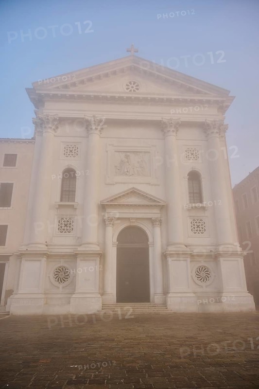 Church 'Chiesa santa Maria della Pieta' before sunrise in Venice on a foggy morning in winter, Italy, Europe