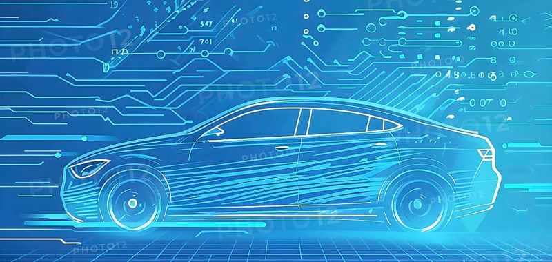 Sport car silhouette with vibrant blue dynamic lines showing motion, surrounded by data streams, AI generated