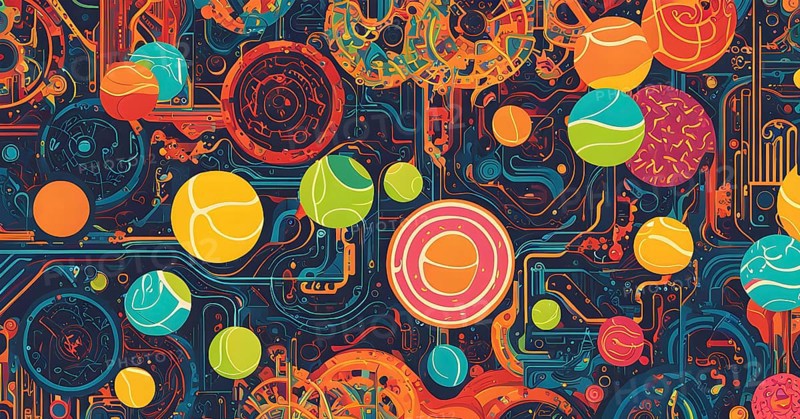 Vibrant mix of abstract circuitry intertwined with tennis balls, representing AI role in personalized sports training, AI generated