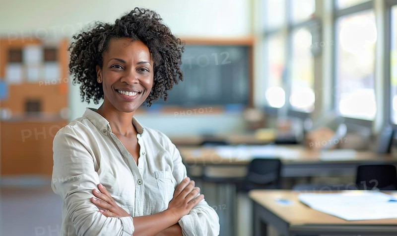 Proud smiling african american female teacher standing in her classroom. generative AI, AI generated