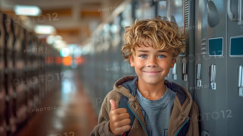 Cute caucasian school boy giving a thumbs up in the hallway of his school. generative AI, AI generated