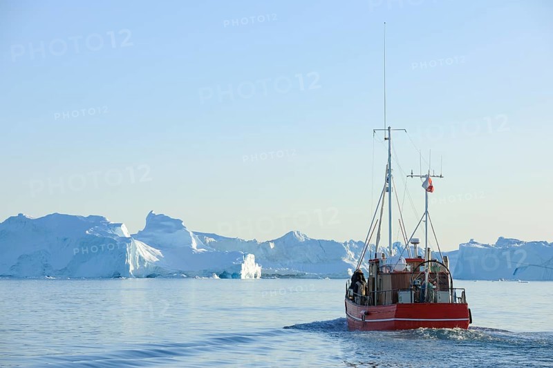 Excursion boat on fjord Ilulissat, Icefjord, Disko Bay, Qaasuitsup, Greenland, Polar Regions, Arctic, North America