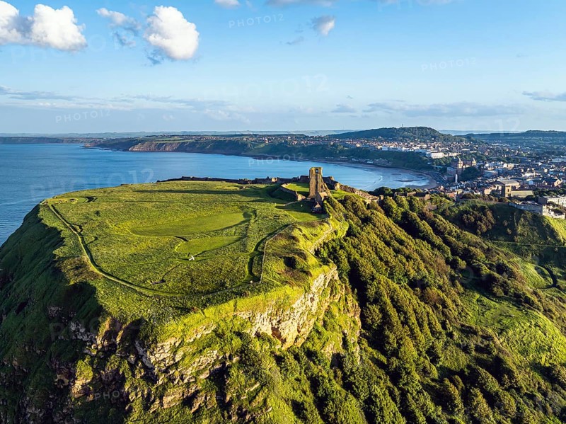 Scarborough Castle from a drone, Scarborough, North Yorkshire, England, United Kingdom, Europe