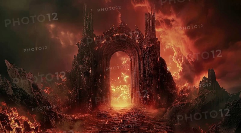 A fiery, dark and ominous scene with a large archway leading into a fiery abyss. Hell gates, AI generated