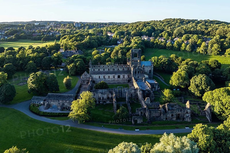 Kirkstall Abbey from a drone, Kirkstall, River Aire, Leeds, West Yorkshire, England, United Kingdom, Europe