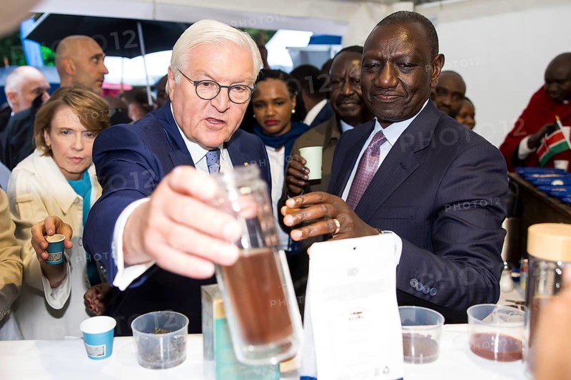 Frank-Walter Steinmeier (President of the Federal Republic of Germany) and William Samoei Ruto (President of the Republic of Kenya) drinking tea at a stand of the partner country Kenya at the Federal President's Citizens' Festival in the Bellevue Palace Gardens, Berlin, 13/09/2024