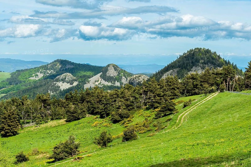 Scenic View of Dome-Shaped Volcanic Peaks (Sucs) in the Monts d'Ardeche Regional Natural Park. Auvergne-Rhone-Alpes. France