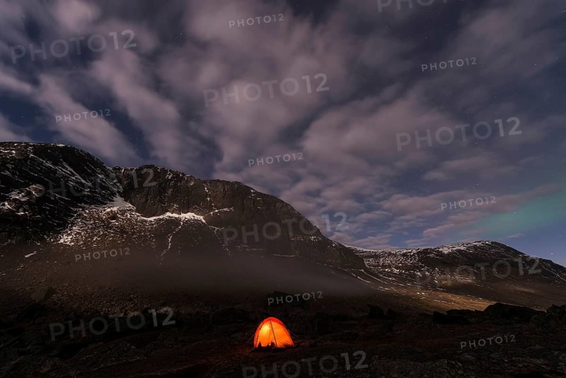 Tent in mountain landscape, Sarek National Park, World Heritage Laponia, Norrbotten, Lapland, Sweden, night shot, lighting, Scandinavia, Europe