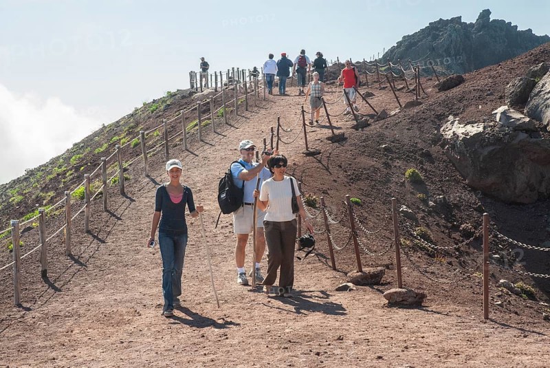 Tourists on a path along the crater edge, Vesuvius, near Naples, Parco Nazionale del Vesuvio, Campania, Italy, Europe