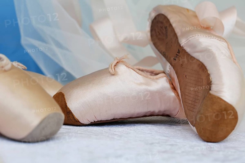 Ballet shoes, pointe shoes, dance shoes covered with satin in light pink colour, leather sole, tulle, still life, studio, Germany, Europe