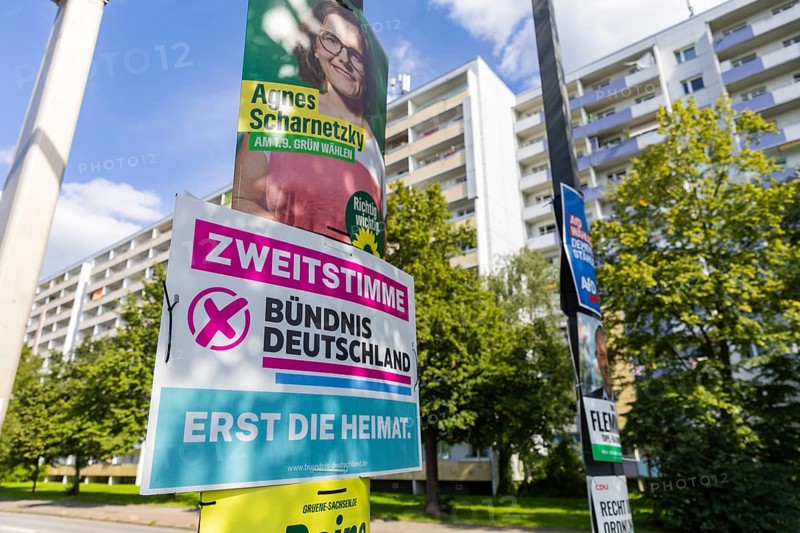 The hot phase of the state election campaign in Saxony can be seen in the amount of different messages on trees and lanterns, State election campaign in Saxony, Dresden, Saxony, Germany, Europe