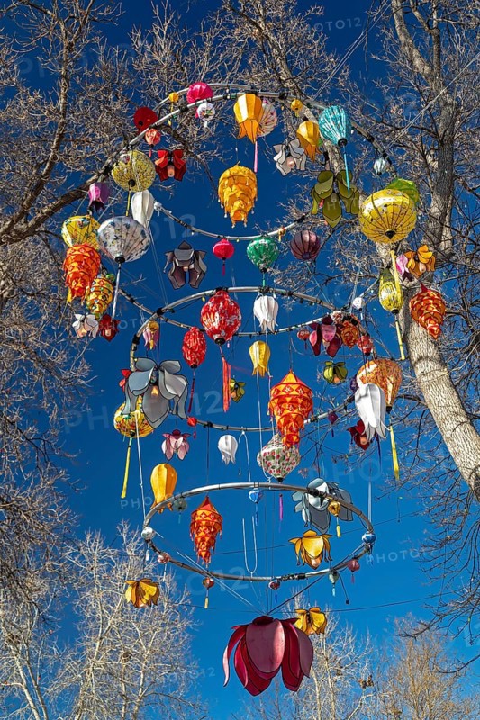 Denver, Colorado, An elaborate lantern hangs in the trees at the Denver Zoo