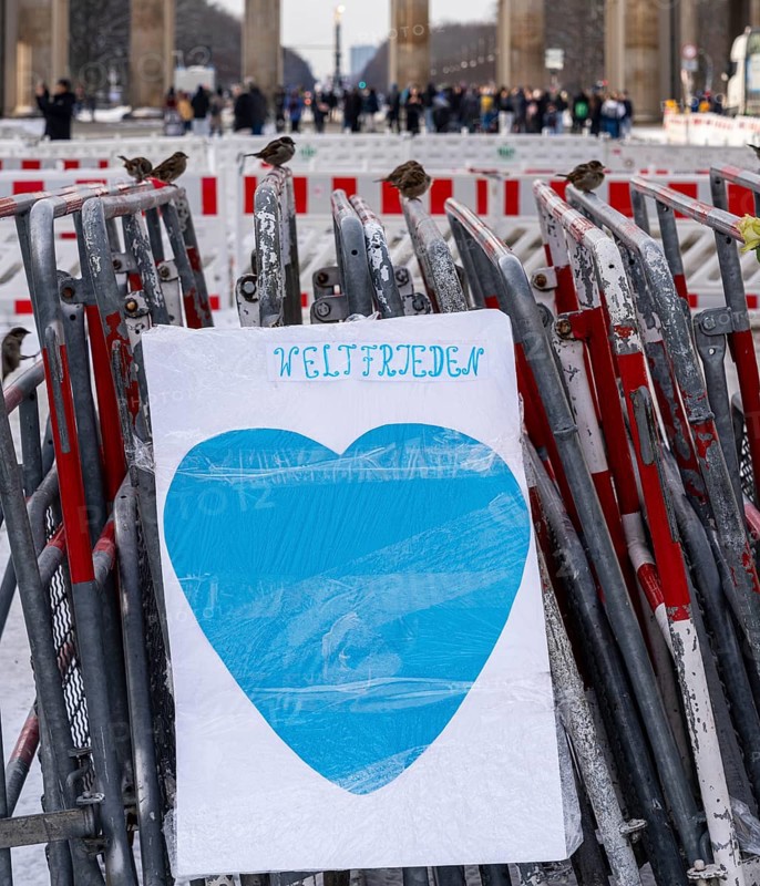 Demonstration, posters and barriers at the Brandenburg Gate, Berlin, Germany, Europe