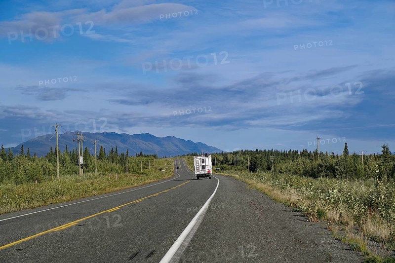 Endless road, with single motorhome, forest, wilderness, Alaska Highway, Yukon Territory, Canada, North America