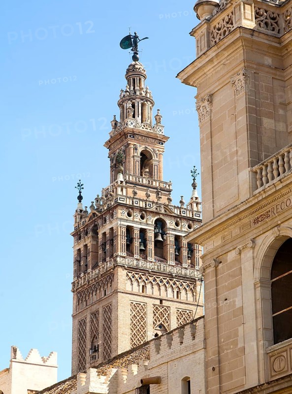 La Giralda tower of the cathedral originally built as a Moorish minaret in the twelfth century, Seville, Spain, Europe