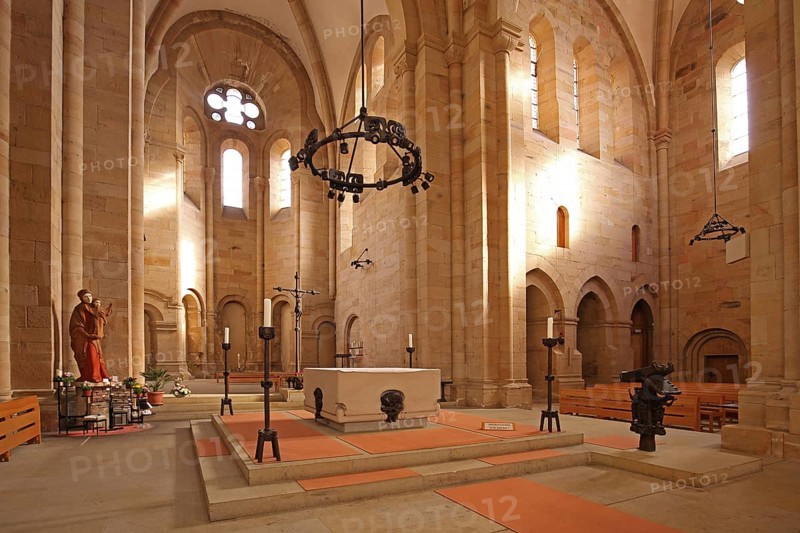 Interior view with chancel of the Romanesque abbey church, altar, candlestick, figure, saint, Otterberg, Palatinate Forest, Rhineland-Palatinate, Germany, Europe