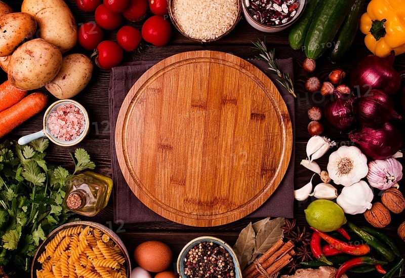 Assortment of ingredients and spices, for cooking, on a wooden background, concept, top view, food background, horizontal, no people.toned