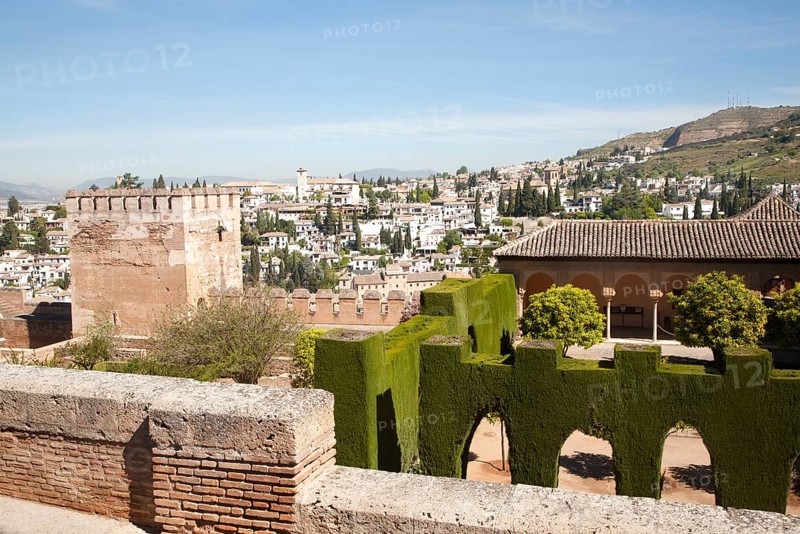 View over the Alhambra to Moorish houses in the Albaicin district of Granada, Spain, Europe