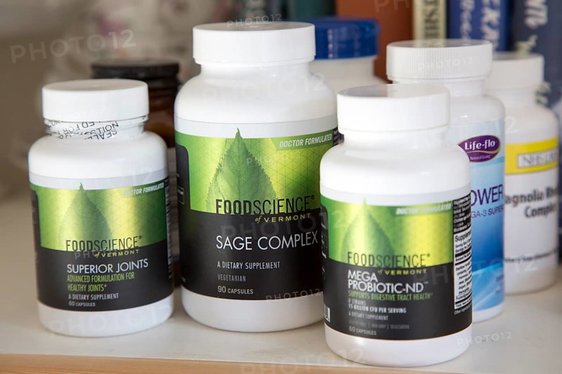 Close up of Food Science supplement complementary health medicine containers
