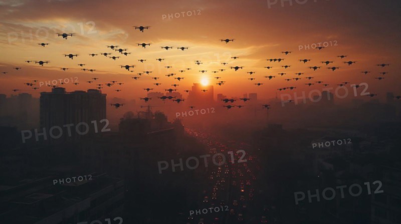 Swarm of UAV unmanned aircraft drones flying near the United States capitol at sunset, AI generated