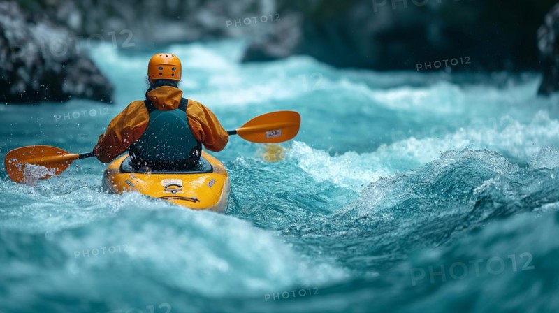 Kayaker paddling the rapids of A beautiful mountain river. generative AI, AI generated