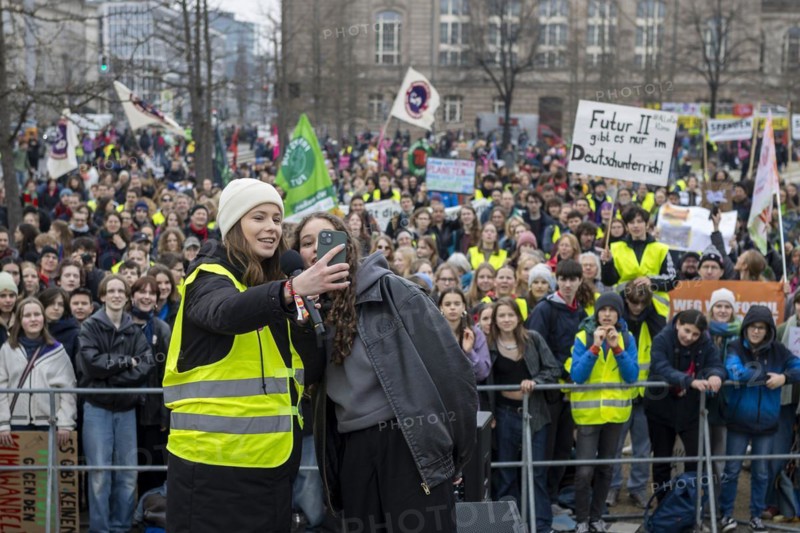 Luisa Neubauer, climate activist at Fridays for Future, together with Samira Ghandour, recorded during a joint strike by Fridays for Future and local transport workers from the trade union ver.di, in Berlin, 1 March 2024