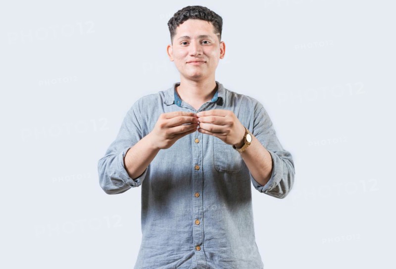 Person gesturing MORE in sign language isolated. Gesticulation of MORE in sign language. Deaf and dumb man gesturing MORE in sign language
