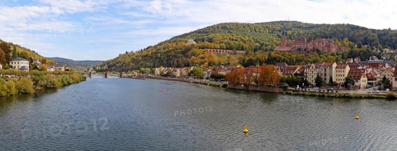 Panoramic picture of Heidelberg with the Neckar in the foreground