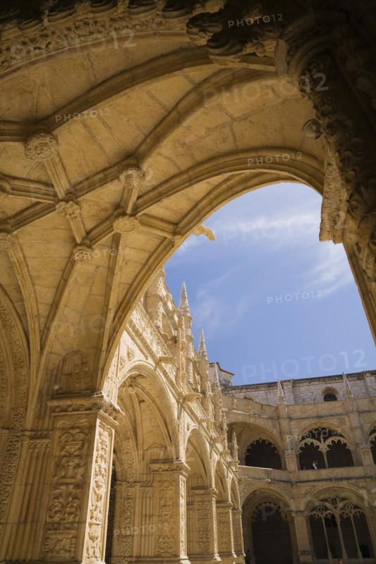 Architectural details on the ceiling of an arch in the inner courtyard at Jeronimos Monastery, Lisbon, Portugal, Europe
