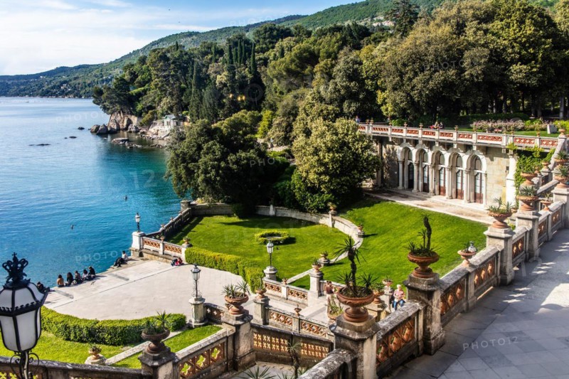 Park of Miramare Castle with marvellous view of the Gulf of Trieste, 1870, residence of Maximilian of Habsburg-Lorraine and Austria, princely living culture in the second half of the 19th century, Friuli, Italy, Trieste, Friuli, Italy, Europe