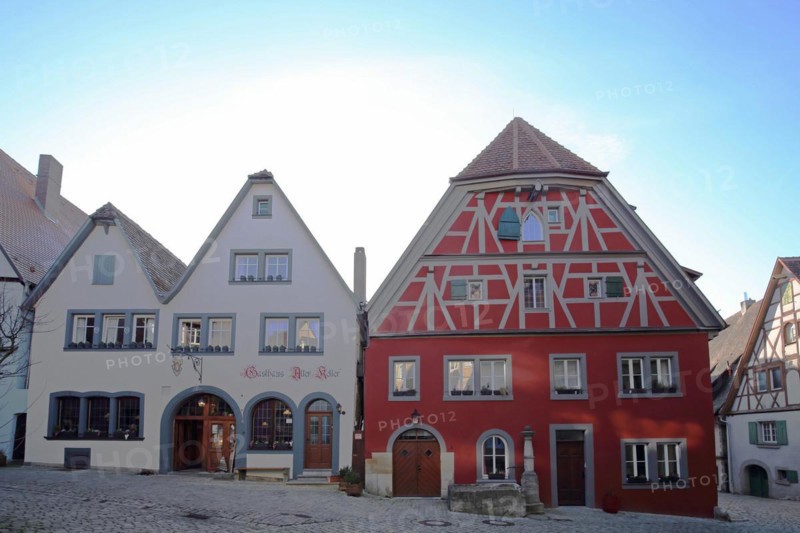 Inn Alter Keller and red house, Rothenburg ob der Tauber, houses, red, Tauberfranken, Franconia, Bavaria, Germany, Europe