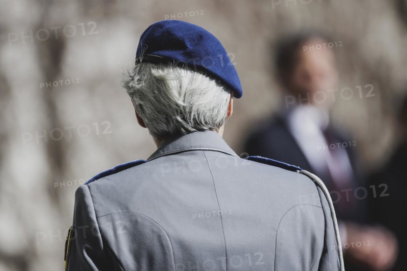 A female soldier of the Bundeswehr, photographed during a reception with military honours at the Federal Chancellery in Berlin, 12.03.2024