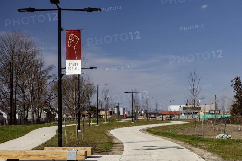 Detroit, Michigan, A mostly-finished section of the Joe Louis Greenway. When complete, the Greenway will be a 27.5-mile bicycle/walking trail that will circle much of the city and parts of Highland Park, Hamtramck, and Dearborn. This section was formerly a railway