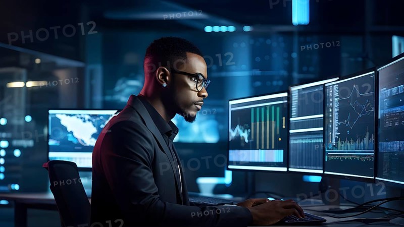 Black african american male it specialist engaged in analyzing data for cyber security, AI generated