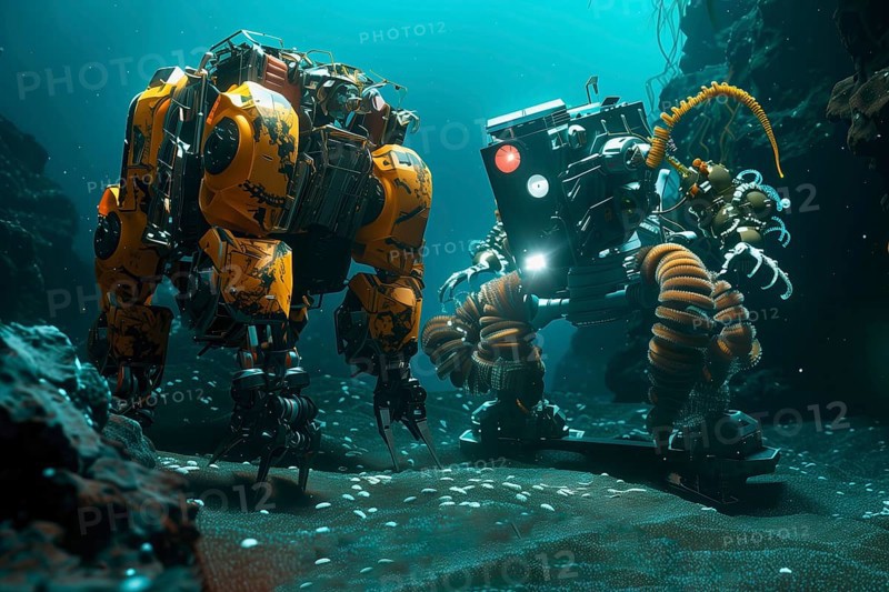 Robots exploring and collecting samples of deposits in abyssal plains, AI generated