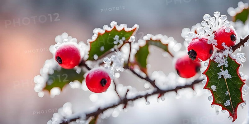 Frosty holly branch with vibrant red berries covered in delicate ice crystals, symbol for upcoming winter, AI generated