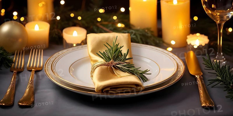 Beautifully decorated Christmas table setting with a golden napkin ring, sparkling cutlery, and a sprig of rosemary, set against a background of softly glowing candlelight, AI generated