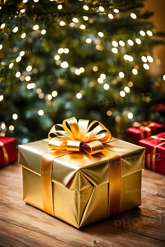 Close-up of a beautifully wrapped Christmas gift with a satin ribbon, set under a glowing Christmas tree, AI generated